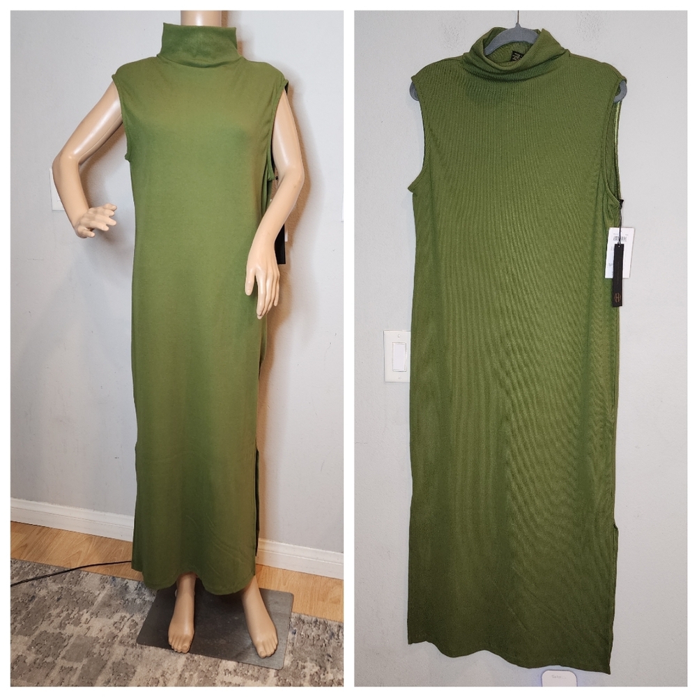 Nwt House Of Harlow Green Ribbed Sleeveless Turtleneck Maxi Dress Modal Medium